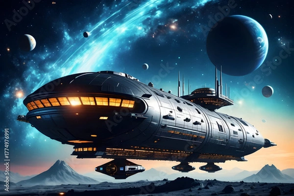 Fototapeta Futuristic starship under cosmic sky glowing windows deep space travel planet ring carbon hull cycle of orbit molecular detail serene awe