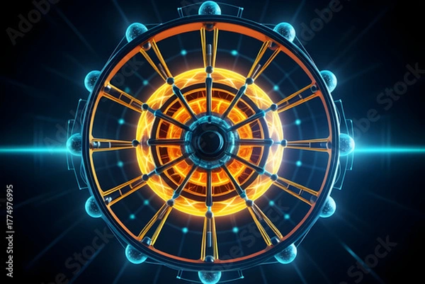 Fototapeta Futuristic energy wheel glows with carbon detail as spokes align in symmetric cycle around radiant core with molecular nuance and sci fi precision