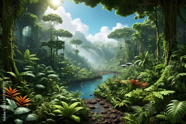 Fototapeta Lush rainforest river jungle landscape carbon rich cycle life with molecular detail sunlight mist calm mood with vibrant green foliage and water