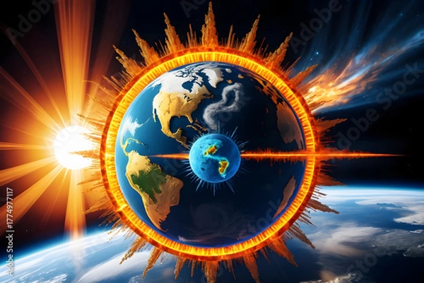 Fototapeta Fiery carbon cycle encircles Earth in space as molecular energy surges, dramatic sunlight and comets intensify global climate concept with awe