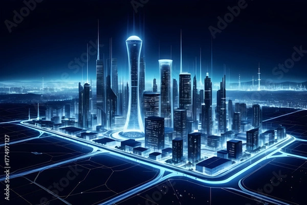 Fototapeta Futuristic cityscape night skyline with neon glow, smart grid streets, sleek towers echo carbon cycle in molecular harmony, calm and visionary vibe