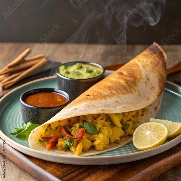 Fototapeta masala dosa with potato filling, served with chutney and sambar
