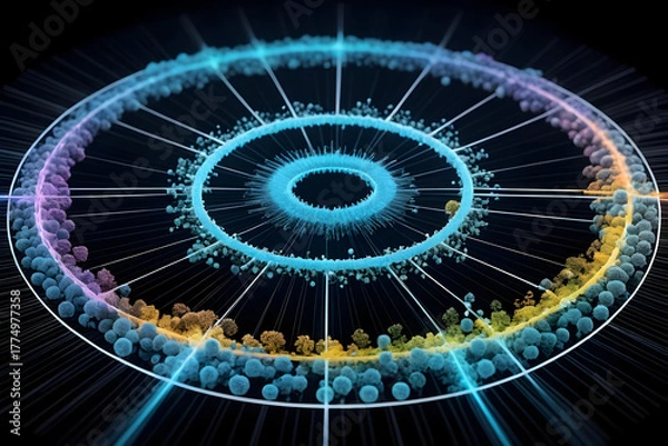 Fototapeta Carbon cycle molecular diagram glow, circular network ring, neon gradient, data art, science concept, ecosystem balance, abstract sphere harmony