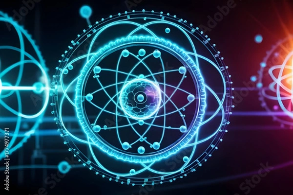 Fototapeta Glowing atomic diagram with neon orbit, carbon atom concept, energy cycle motif, molecular network, futuristic science art in electric blue mood