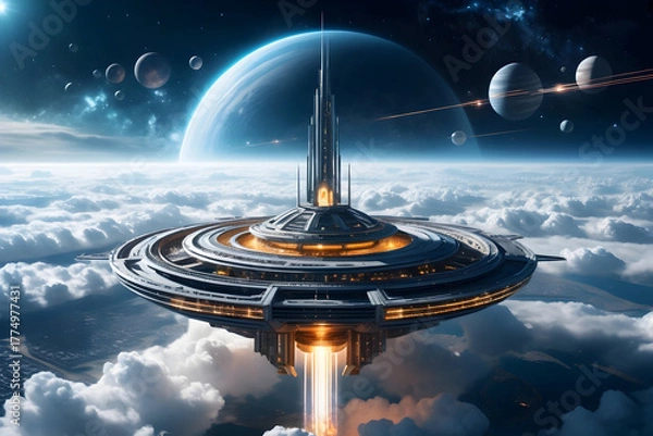 Fototapeta Futuristic space station above clouds, sci fi city ring structure, glowing engines, carbon cycle wonder, molecular harmony, cosmic skyline