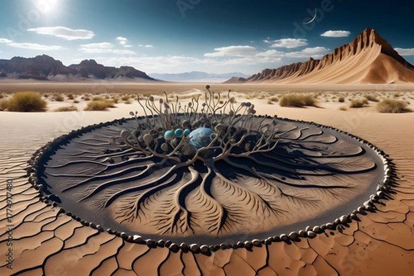 Fototapeta Carbon cycle molecular roots spread across desert basin, surreal landscape crescent moon with dunes, planet spheres evoke wonder and quiet harmony