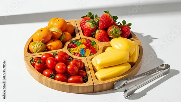 Fototapeta Fresh fruit platter with strawberries jackfruit and candy mix