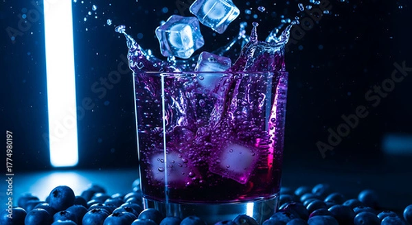 Obraz Modern Refreshing Blueberry Drink with Ice Cube Splash in a Glass