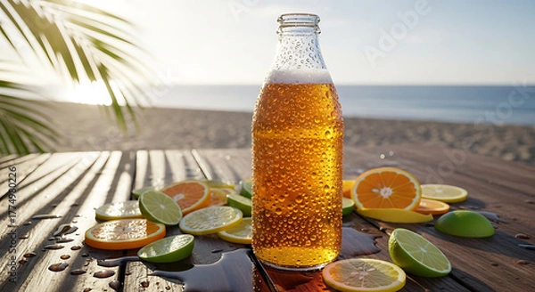 Obraz Refreshing Cold Beer Bottle with Citrus Fruit Slices at the Beach