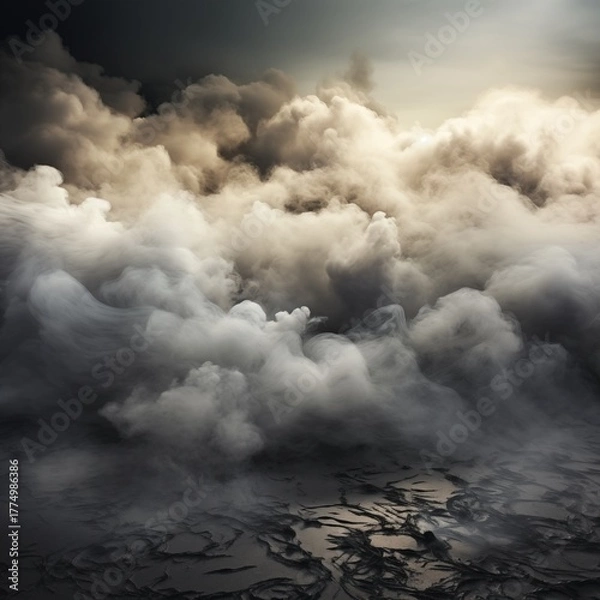 Fototapeta Overwhelming Thick Smoke and Mist Blanketing a Cracked, Dry, and Desolate Ground with an Ominous Gloomy Sky and Dramatic Lighting