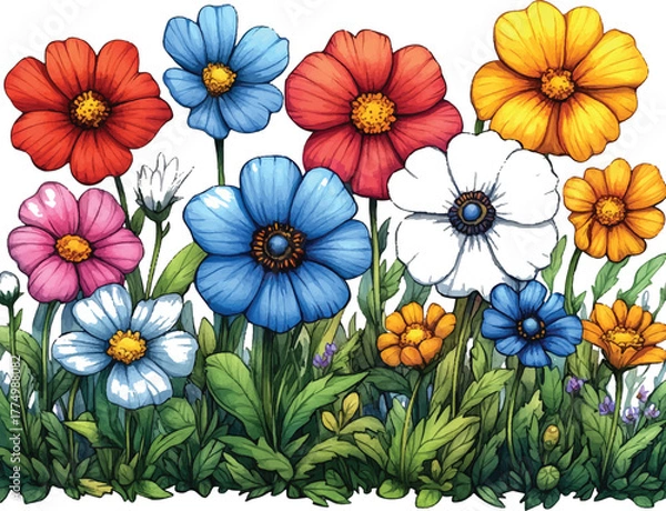 Obraz Colorful Hand-Drawn Flower Bouquet with Green Leaves on White Background