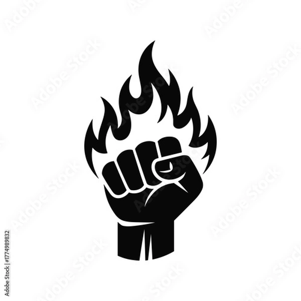 Fototapeta Black fist raised with stylized flames erupting from the top against a white background raised fist fire vector illustration.