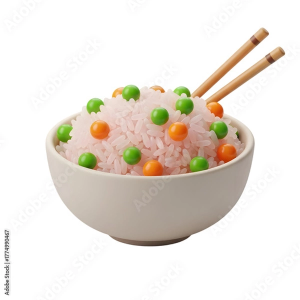 Obraz Bowl of white rice topped with peas and wooden chopsticks, simple culinary presentation, isolated on transparent background