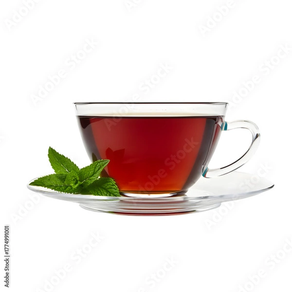 Obraz Glass teacup filled with dark red tea and fresh mint leaves, elegant and refreshing mood, isolated on transparent background
