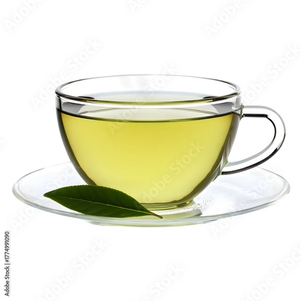 Obraz Glass teacup filled with light green tea and a single leaf, elegant and serene mood, isolated on transparent background