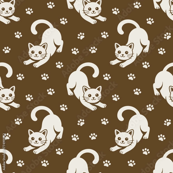 Fototapeta Cute white cat seamless pattern, a playful vector seamless pattern of cute cats perfect for kawaii cat design and pet illustration