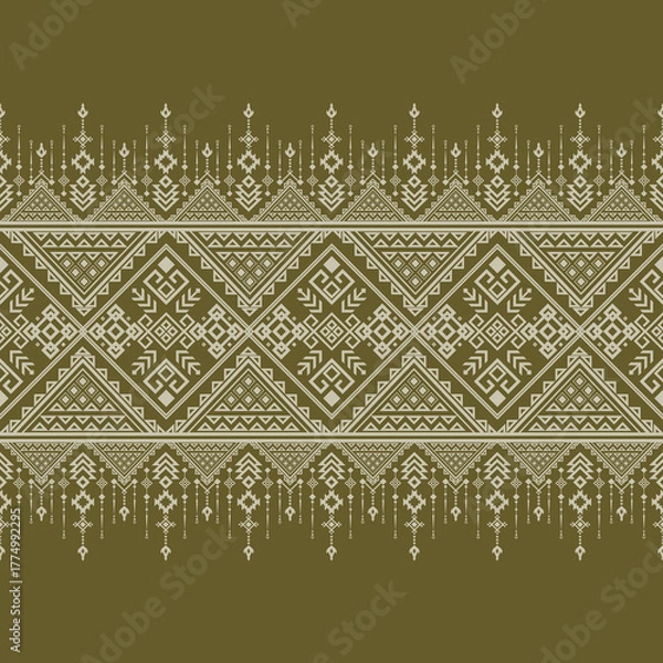 Fototapeta Tribal ethnic geometric textile vector border pattern, a detailed tribal ethnic pattern featuring geometric diamond shapes and ethnic textile design for fashion prints