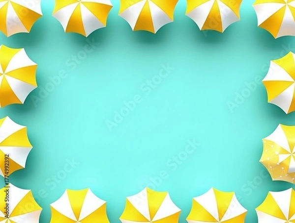 Fototapeta Yellow and white beach umbrellas frame on blue background summer vacation concept design with copy space area