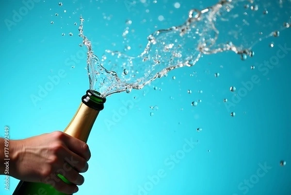 Fototapeta Champagne bottle popping celebration splash water explosion sparkling wine festive drink party event bubbly 100