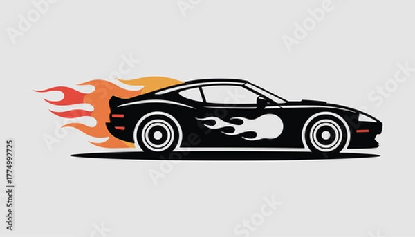 Fototapeta Black sports car with orange and red flames on side and exhaust automobile vehicle isolated white background.