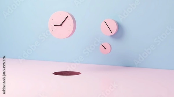 Fototapeta Pastel aesthetic time management concept with floating clocks and hole in floor surreal design 3d render