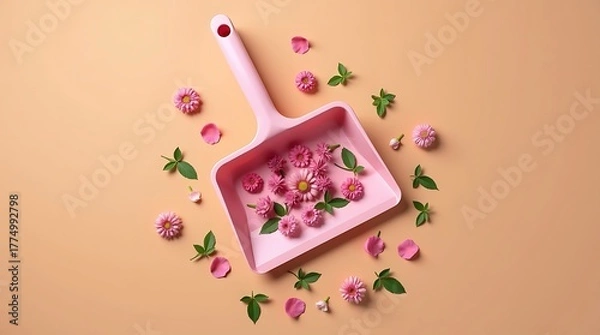Fototapeta Dustpan filled with pink flowers and petals on a peach background spring cleaning concept floral art flat lay