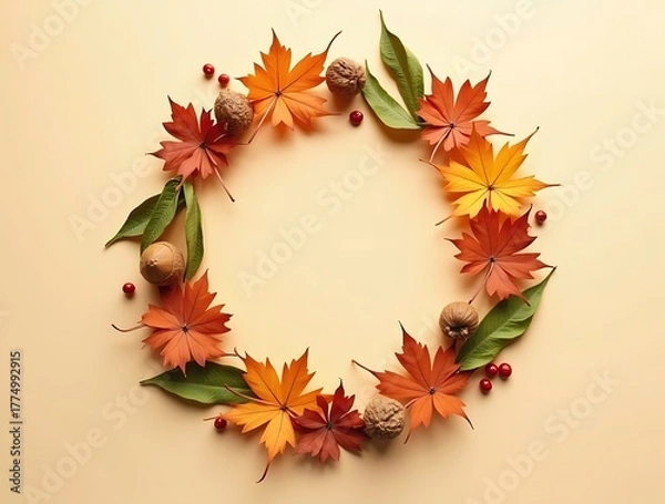 Obraz Autumn wreath with maple leaves walnuts and berries on beige background fall season decoration design