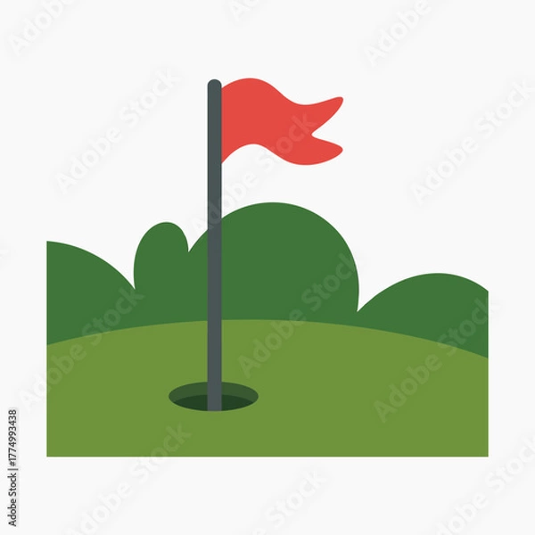 Fototapeta Red golf flag on pole next to hole on green grass with rolling hills background vector illustration.