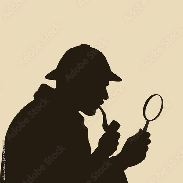 Fototapeta Silhouette of a classic detective character wearing a vintage hat and holding a magnifying glass and pipe
