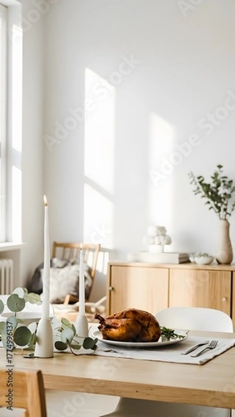 Fototapeta A beautifully set Thanksgiving table with a roasted turkey, embodying festive dining and good table manners, perfect for a holiday meme