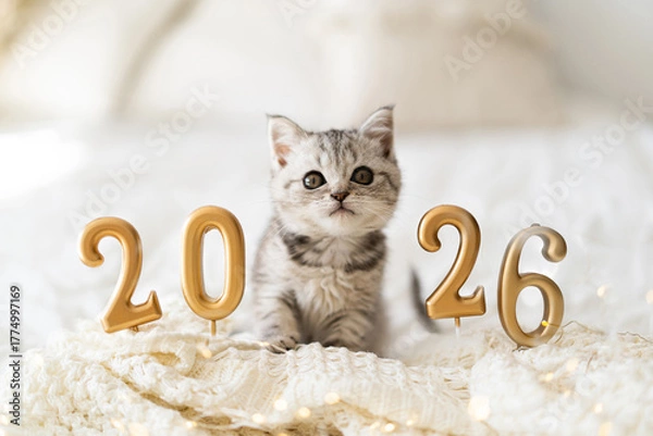 Obraz A cute tabby kitten of the Scottish straight cat breed sits on a knitted blanket. Good New Year spirit. Ready postcard 2026. Happy New Year animal, pet, cat.