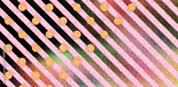 Obraz Retro Pop Art Pattern: Diagonal Pink and Black Stripes with Orange Polka Dots