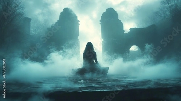 Obraz Silhouette of a woman sitting alone on a bench amidst thick mist with ancient ruins and bare trees in the background evoking a mysterious and eerie atmosphere