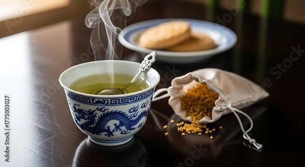 Obraz Steaming Chinese green tea in a prestigious Dragon-painted porcelain cup with a tea infuser, served with dried bee pollen and almond cookies. Imperial-style tea service, high elegance.