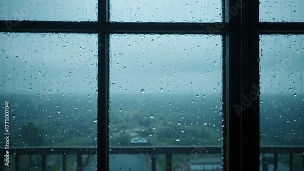 Fototapeta Rainy day view through a window with water drops on the glass and a blurred, gloomy landscape outside.