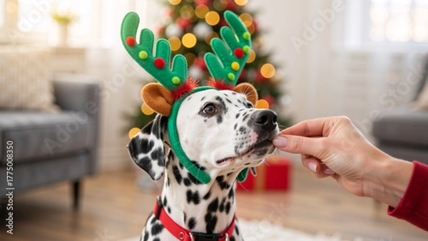 Obraz A cute Dalmatian dog wearing festive reindeer antlers gets a Christmas treat from its owner. Adorable pet celebrating the holiday season at home. New Year celebration with a funny animal