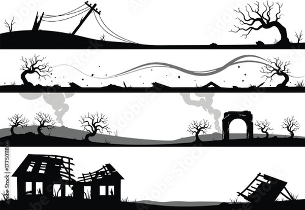 Obraz Spooky silhouettes of desolate landscapes with haunted houses dead trees and abandoned ruins