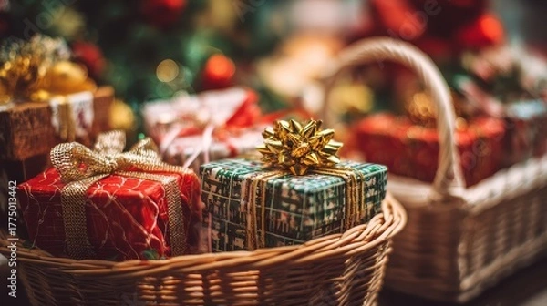 Fototapeta Soft focus and background blurred Gift Baskets, Gift set .Holiday and Christmas and New year present Concept.