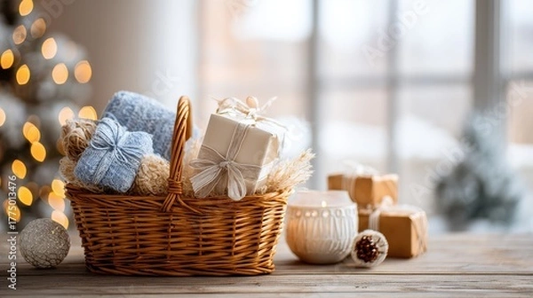 Obraz Soft focus and background blurred Gift Baskets, Gift set .Holiday and Christmas and New year present Concept.