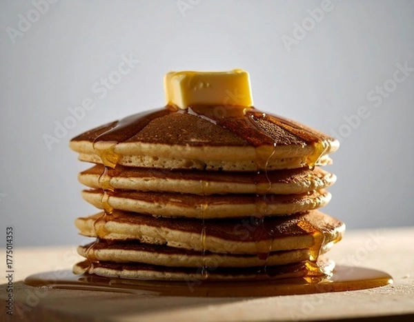 Obraz Stack of golden brown pancakes topped with melting butter and drizzling amber syrup