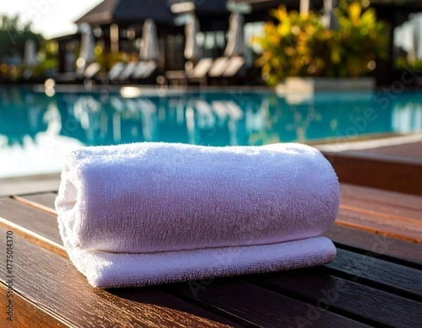 Obraz Rolled white plush towel rests on dark wooden deck beside bright blue swimming pool
