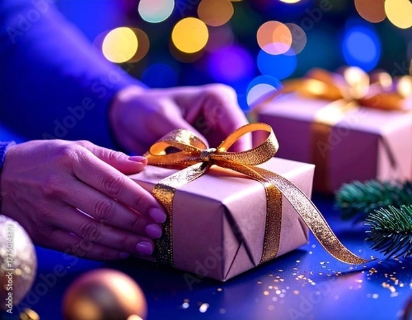 Fototapeta Hands carefully holding a neatly wrapped gift box with a shimmering golden bow low angle