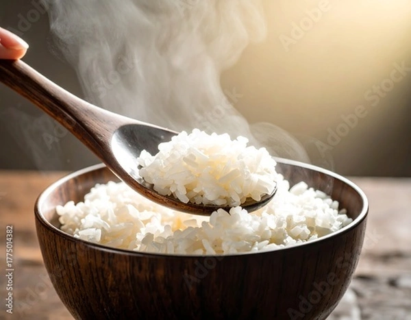 Obraz Steaming white cooked rice being served from a dark wooden bowl with a wooden spoon