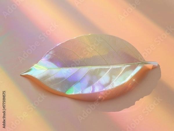 Fototapeta Macro of dreamy leaf with rainbow prism light refraction effect. Soft pastel peach background, ethereal and surreal aesthetic. Ideal for wallpaper, social media, backgrounds, abstract textures, or mod