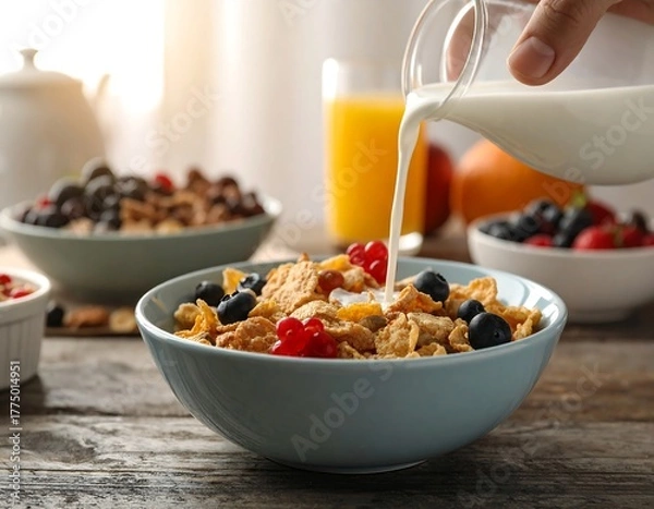 Fototapeta Pouring milk into a blue bowl of cereal with fresh blueberries and red currants on a wooden table