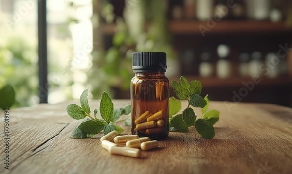 Fototapeta pills of herbal and leaves with bottle on top view of wood table concept in care and healthy strong body for maintaining health