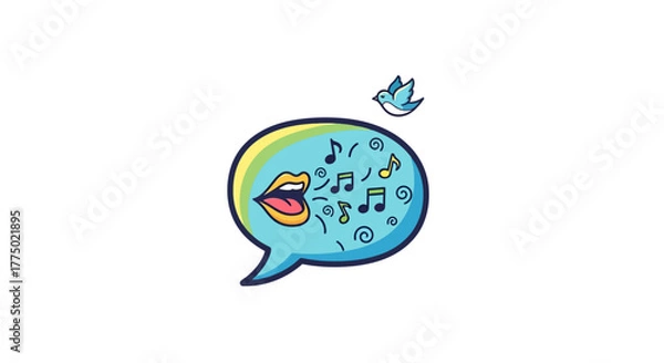 Fototapeta Vocal expression of melodic sounds in a communication bubble icon with a singing bird