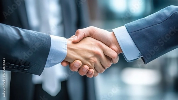Fototapeta Close up of a business handshake between two people in formal suits
