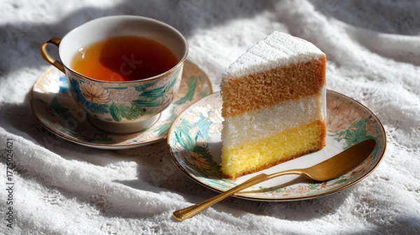 Fototapeta Afternoon Indulgence: A delicate slice of cake and a warm cup of tea come together in a moment of tranquil indulgence, capturing the simple pleasure of an afternoon treat.