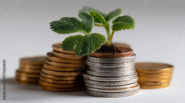 Fototapeta Invest in Growth: A vibrant young plant thrives atop a stack of coins, symbolizing financial growth and prosperity.